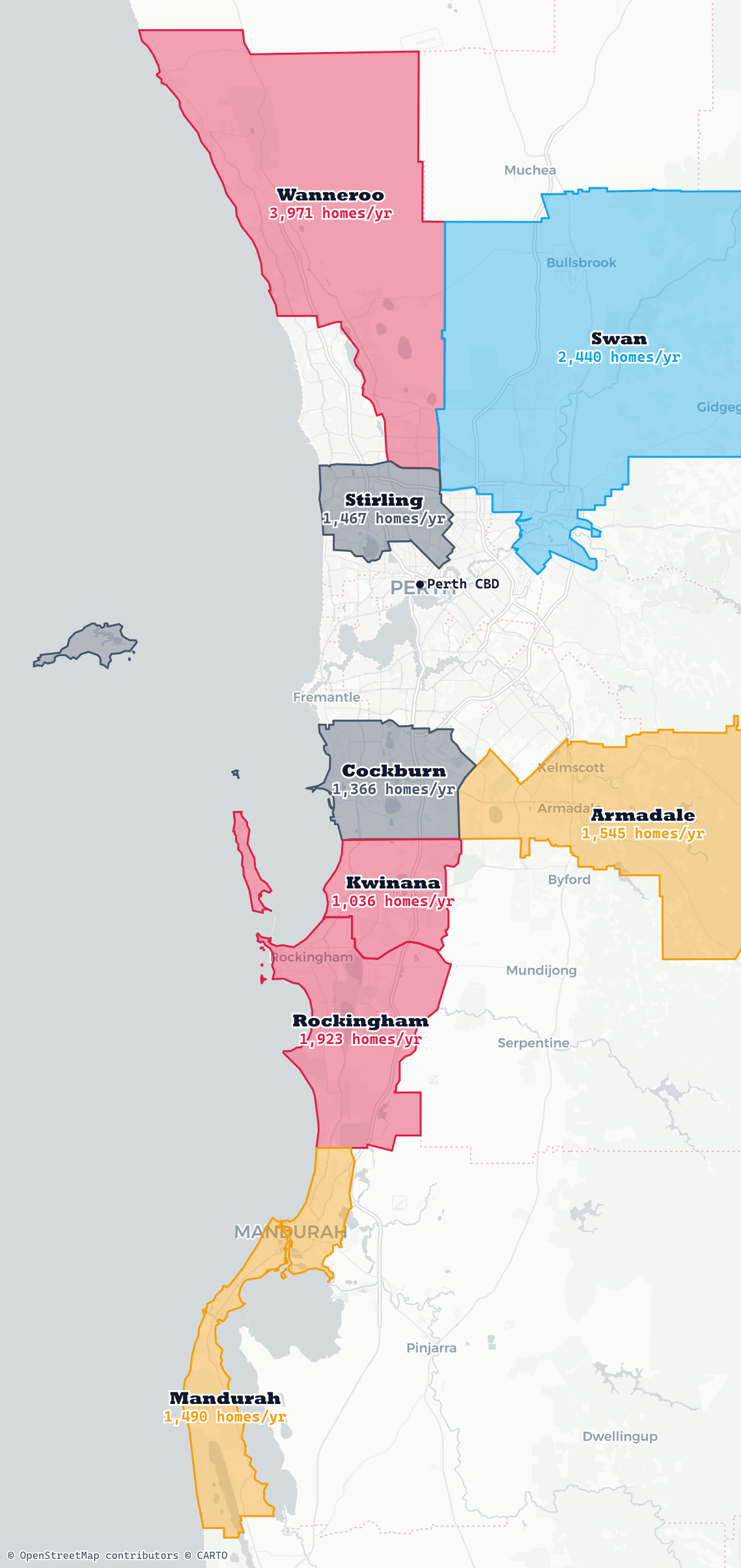 Map of Perth's fringe councils — Wanneroo, Swan, Rockingham, Armadale, Mandurah, Stirling, Cockburn and Kwinana — shaded by how fast their annual dwelling approvals are growing, each labelled with homes approved per year.